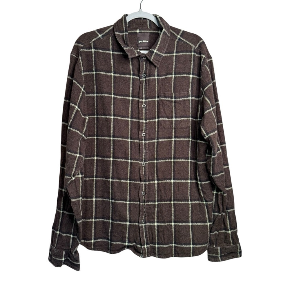 Prana Breathe Mens Brown White Button Up Shacket Flannel Shirt XL Cotton